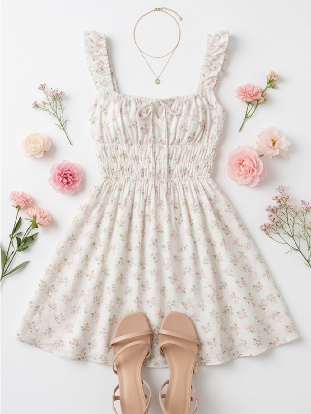 Floral Print Elastic Waist N Back Mini Dress